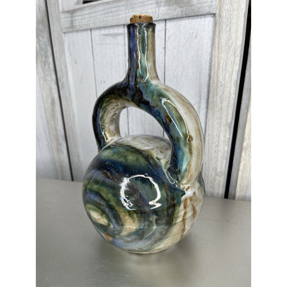 Vintage Wine Decanter & Stopper Decanter Ceramic Hand Painted Glazed Signed